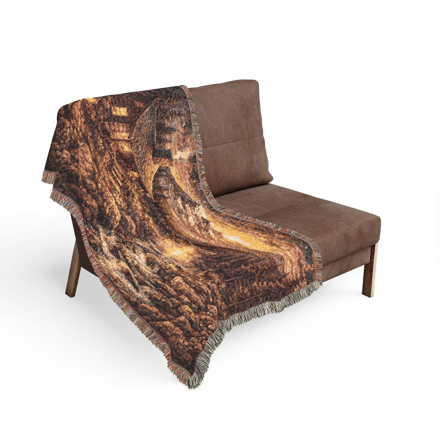 Copy of Copy of Pixelated Cabin And River Landscape Woven Blanket | Rustic Cabin Throw