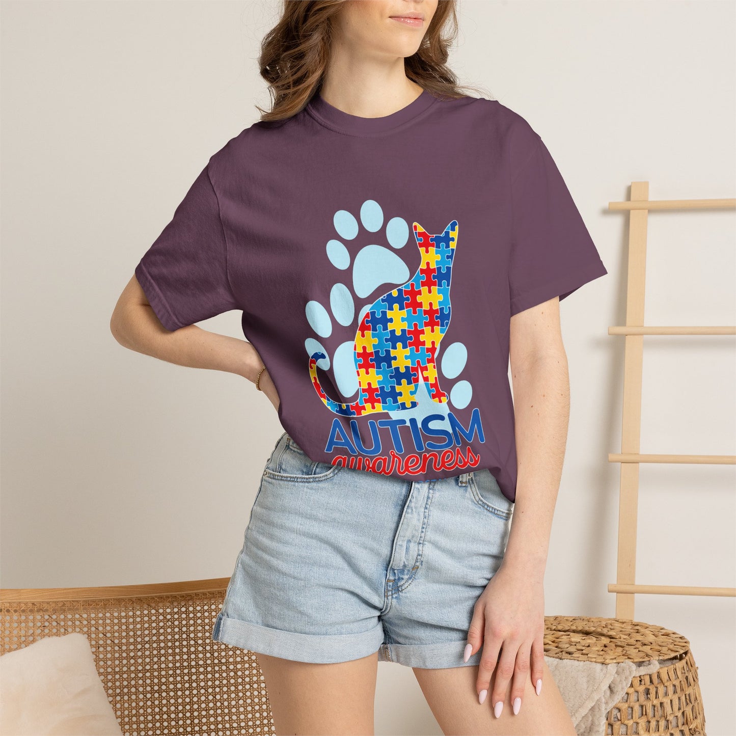 Autism Awareness Puzzle Cat T-shirt | Paw Print Autism Support Tee