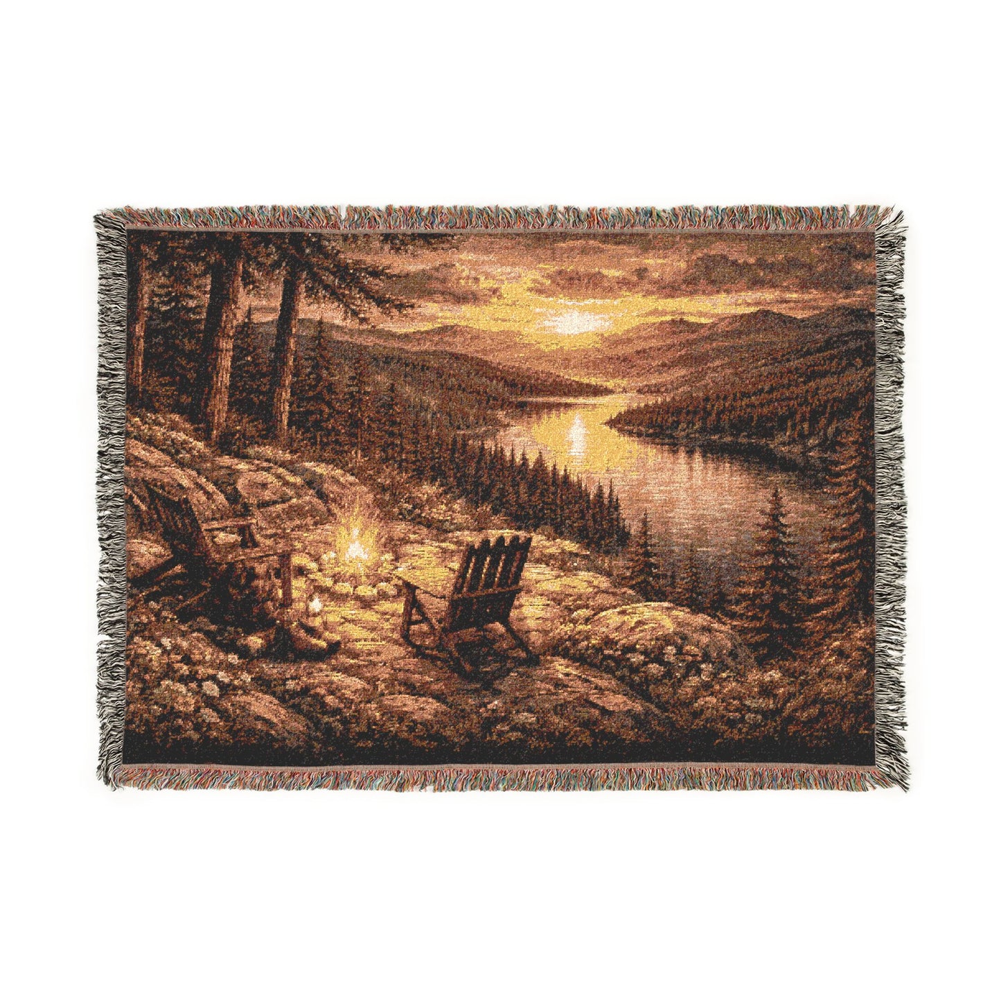 Copy of Pixelated Campfire Camping Landscape Woven Blanket | Rustic Cabin Throw