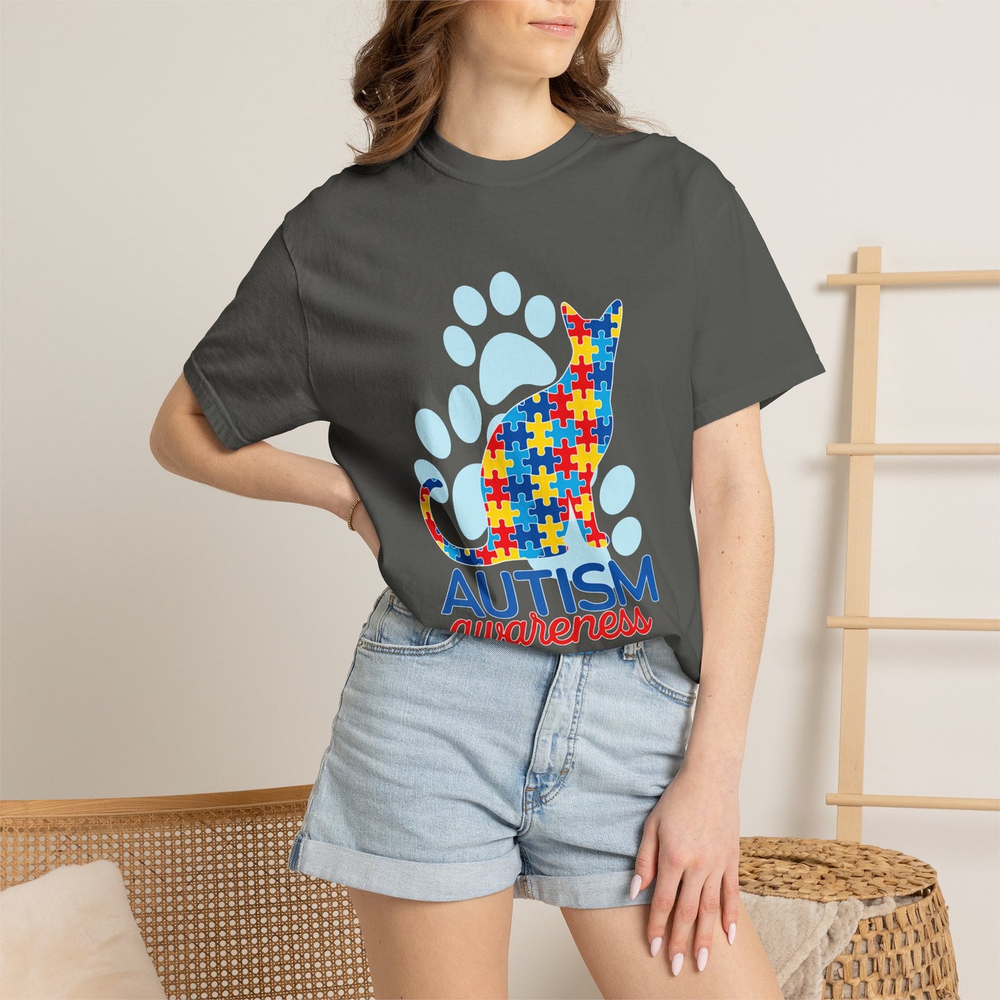 Autism Awareness Puzzle Cat T-shirt | Paw Print Autism Support Tee