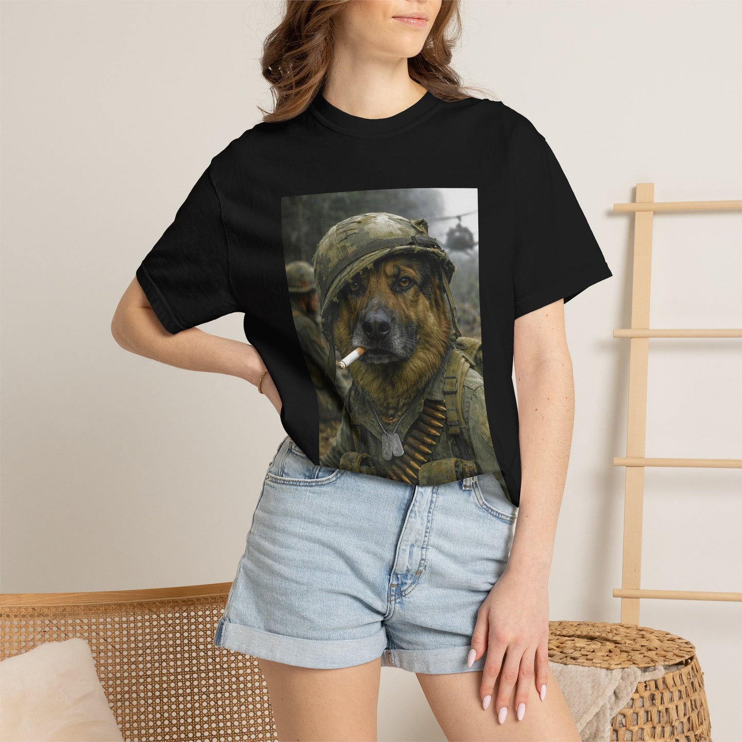 Soldier Dog Smoking Cigar T-Shirt | Military Canine Portrait, Retro Combat Art