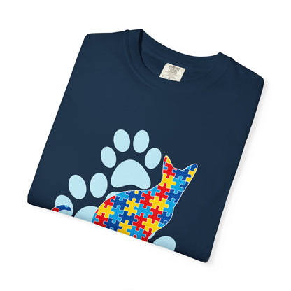 Autism Awareness Puzzle Cat T-shirt | Paw Print Autism Support Tee