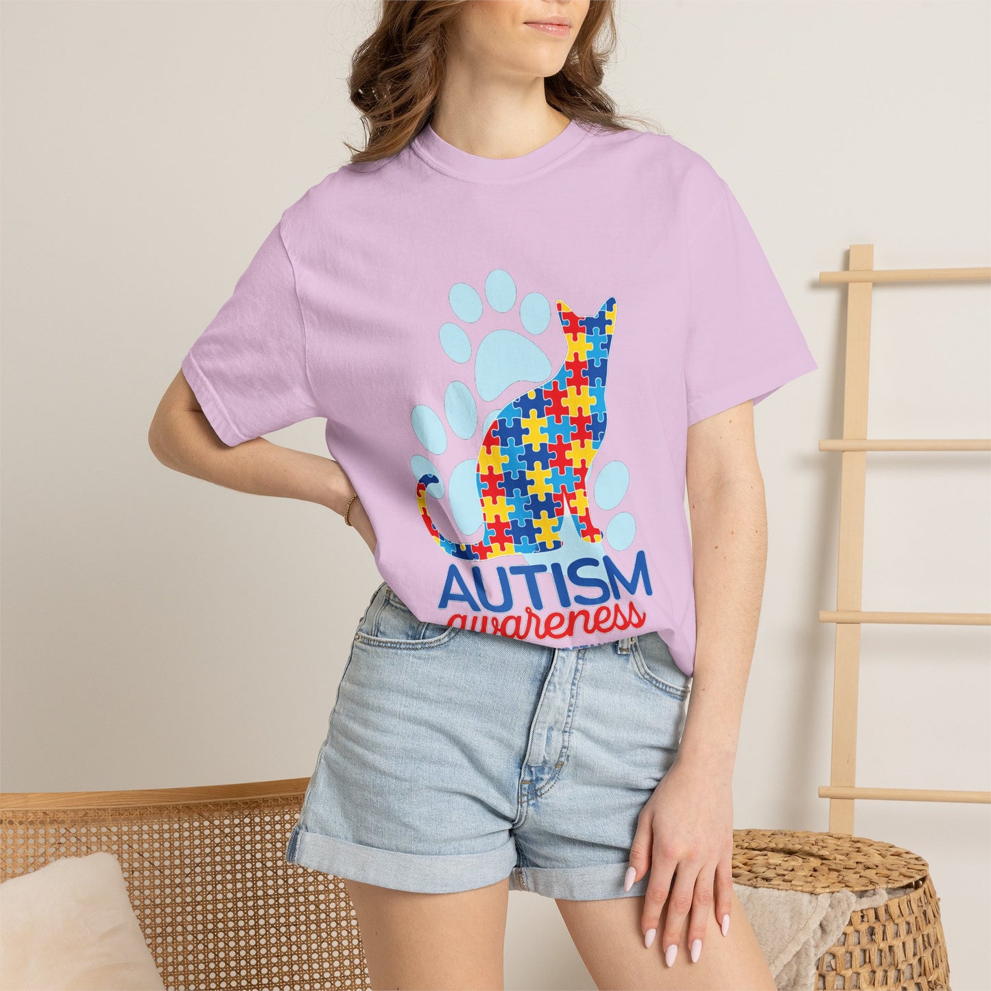 Autism Awareness Puzzle Cat T-shirt | Paw Print Autism Support Tee