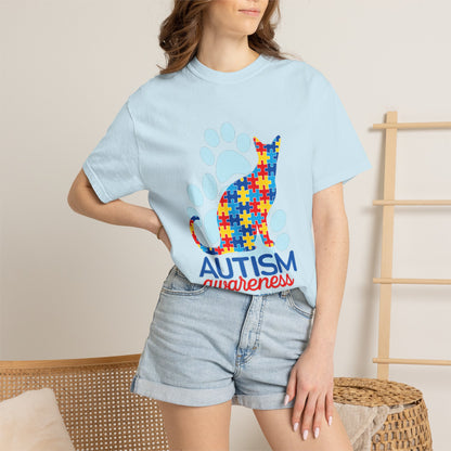Autism Awareness Puzzle Cat T-shirt | Paw Print Autism Support Tee