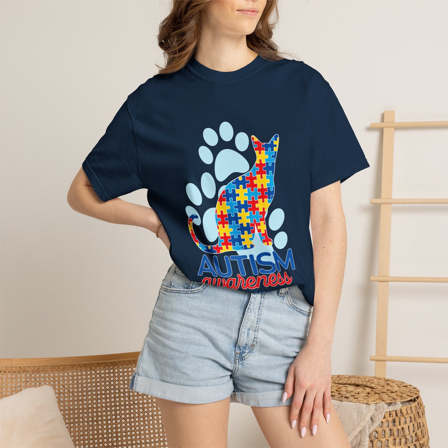 Autism Awareness Puzzle Cat T-shirt | Paw Print Autism Support Tee