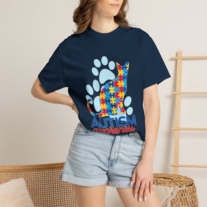 Autism Awareness Puzzle Cat T-shirt | Paw Print Autism Support Tee