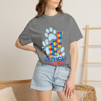 Autism Awareness Puzzle Cat T-shirt | Paw Print Autism Support Tee