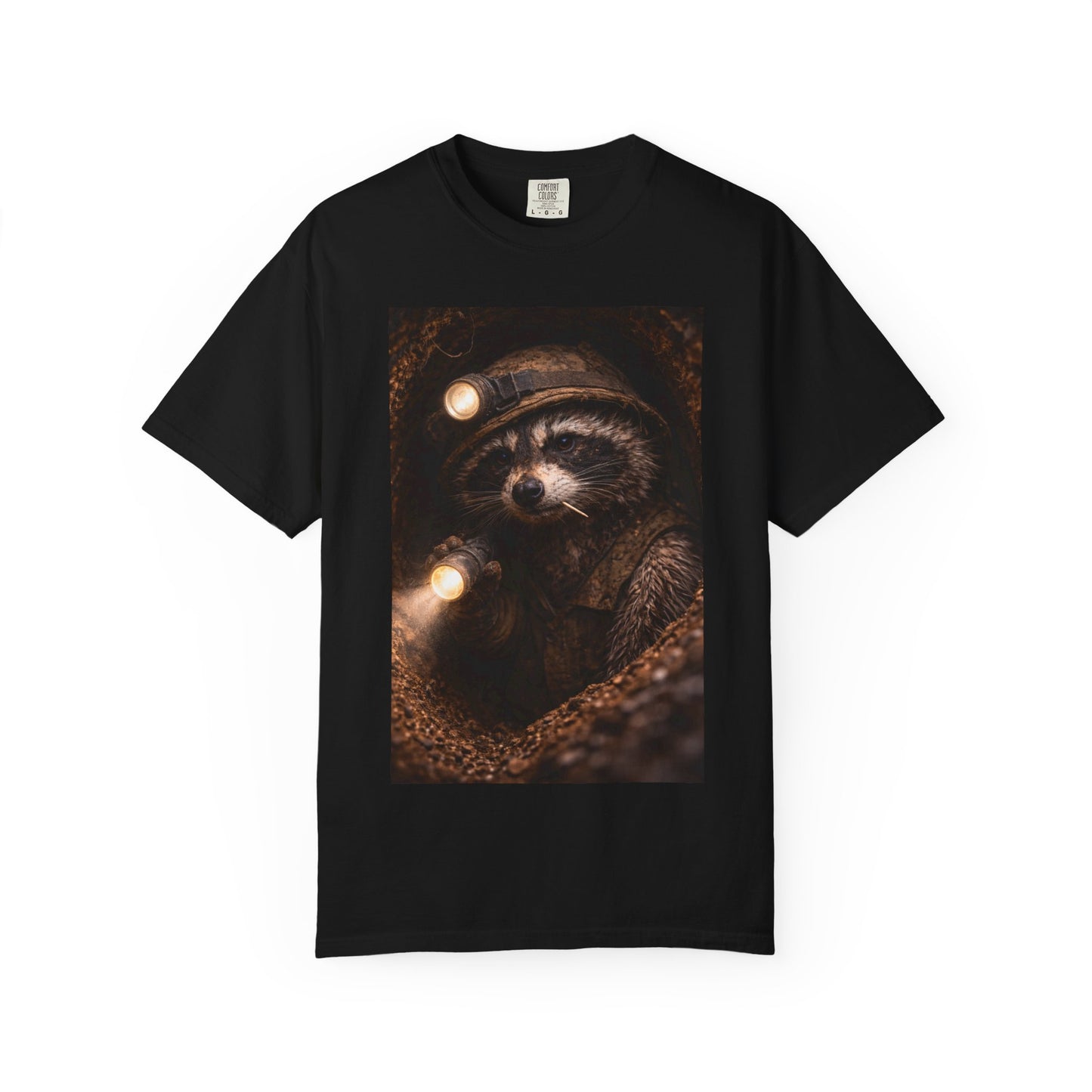Tunnel Rat Raccoon with Headlamp T-Shirt | Forest Night Wildlife Illustration