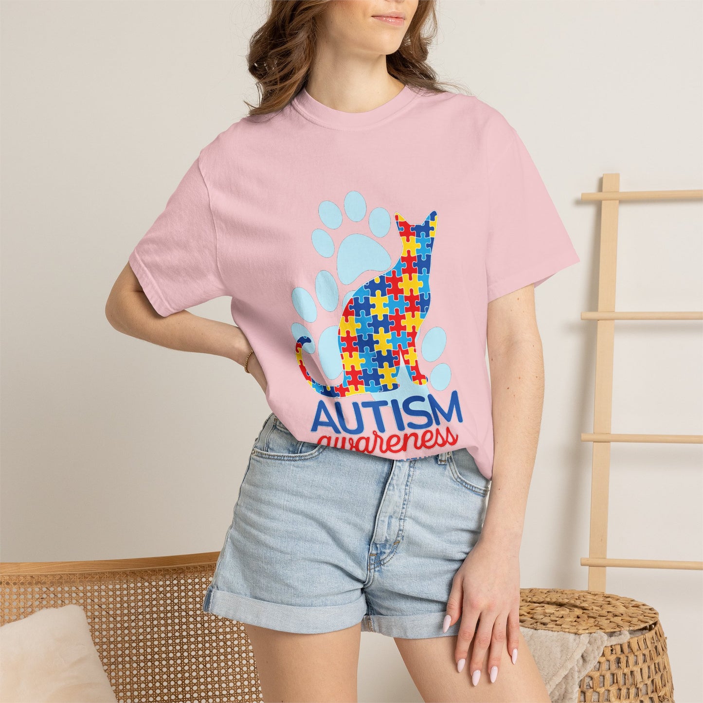 Autism Awareness Puzzle Cat T-shirt | Paw Print Autism Support Tee