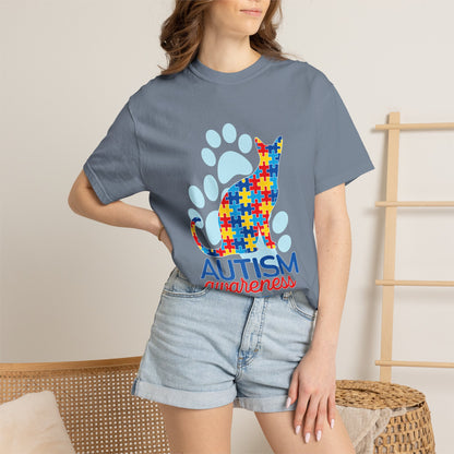 Autism Awareness Puzzle Cat T-shirt | Paw Print Autism Support Tee