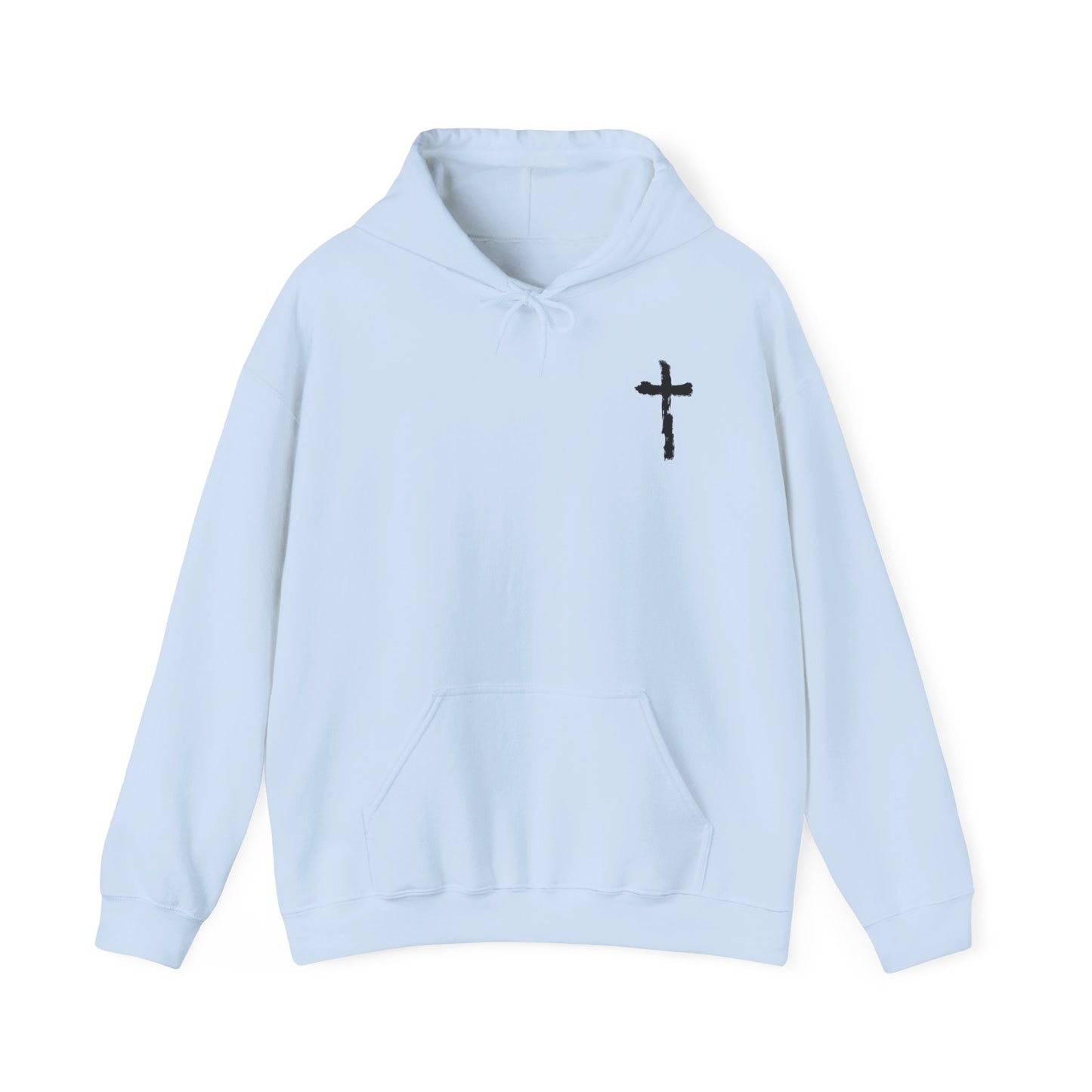 Minimal Cross Hoodie — Small Chest Christian Cross Graphic Hooded Sweatshirt