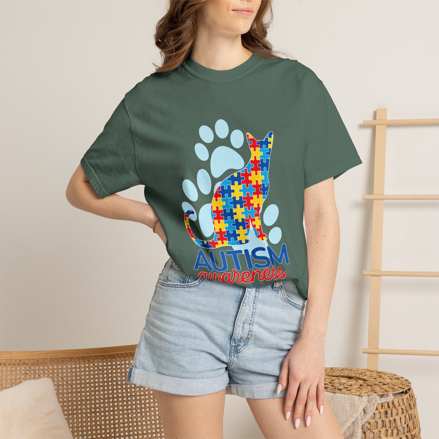 Autism Awareness Puzzle Cat T-shirt | Paw Print Autism Support Tee