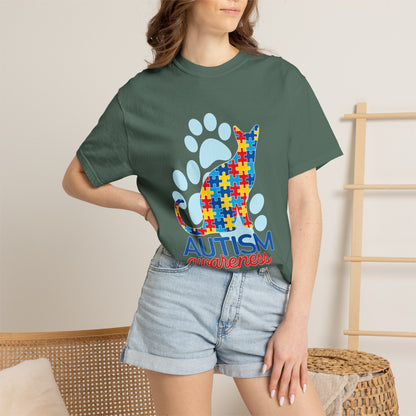 Autism Awareness Puzzle Cat T-shirt | Paw Print Autism Support Tee