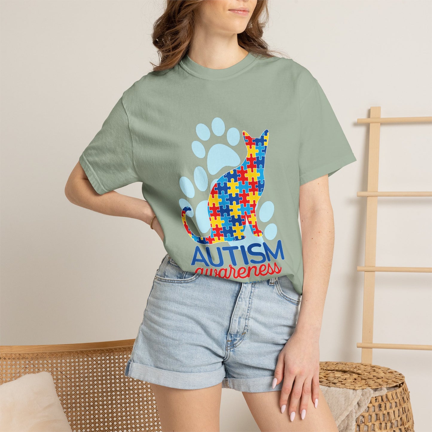 Autism Awareness Puzzle Cat T-shirt | Paw Print Autism Support Tee