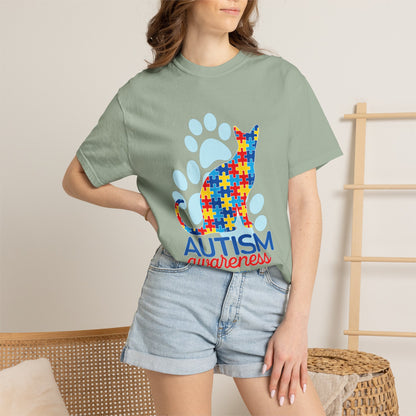 Autism Awareness Puzzle Cat T-shirt | Paw Print Autism Support Tee