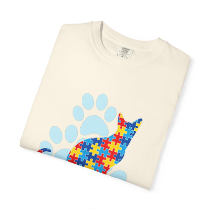 Autism Awareness Puzzle Cat T-shirt | Paw Print Autism Support Tee