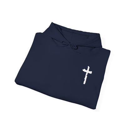 Minimal Cross Hoodie — Small Chest Christian Cross Graphic Hooded Sweatshirt