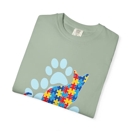 Autism Awareness Puzzle Cat T-shirt | Paw Print Autism Support Tee