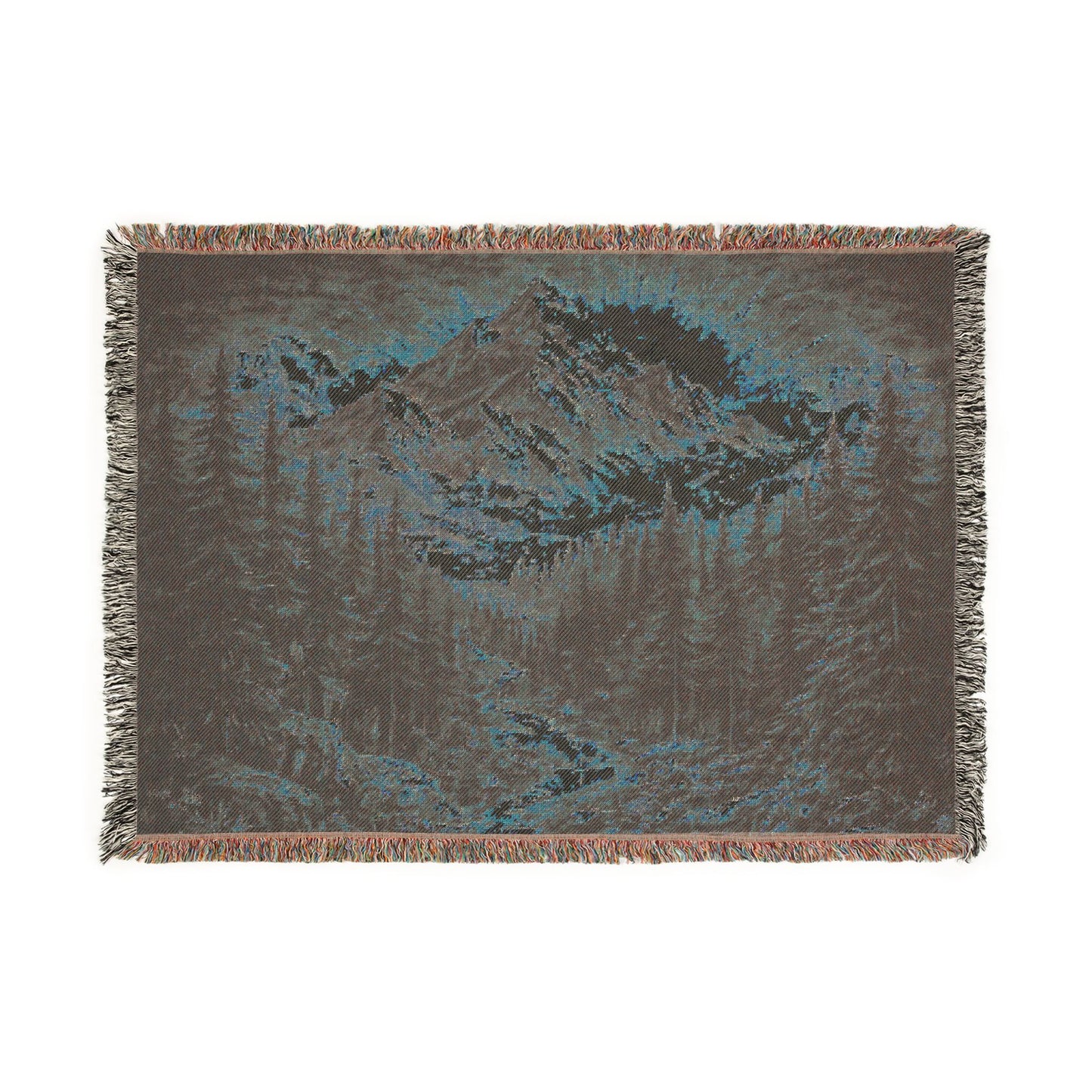 Pixelated Mountain Landscape Woven Blanket | Rustic Cabin Throw