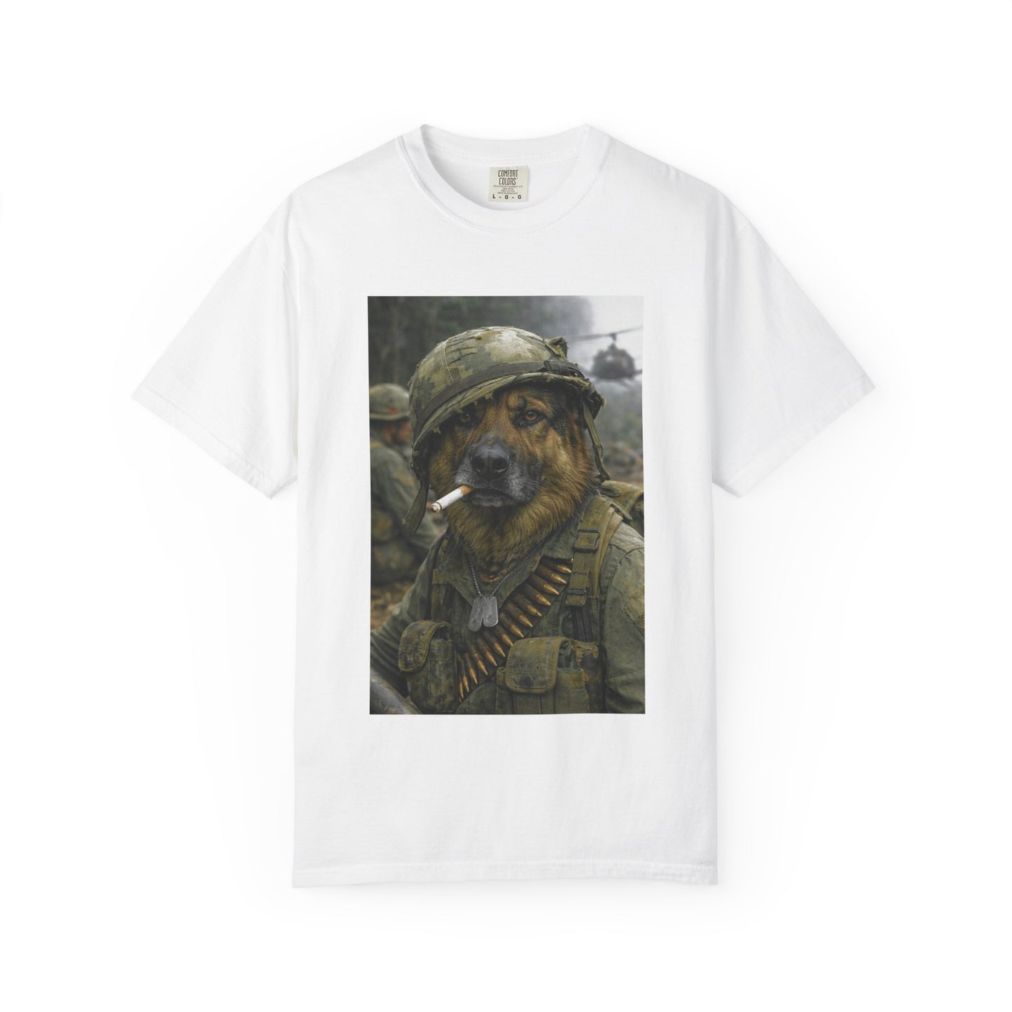 Soldier Dog Smoking Cigar T-Shirt | Military Canine Portrait, Retro Combat Art