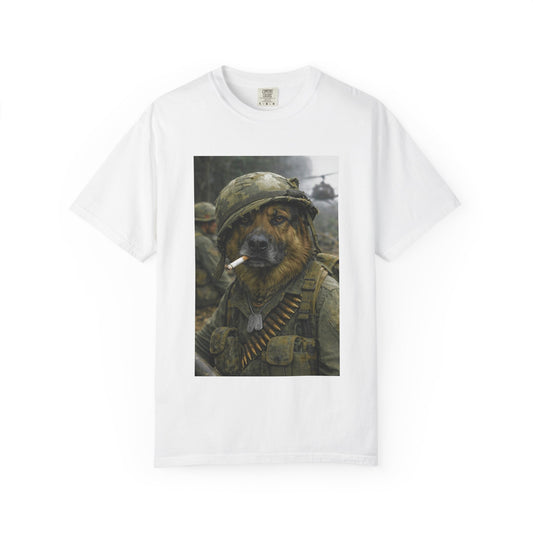 Soldier Dog Smoking Cigar T-Shirt | Military Canine Portrait, Retro Combat Art