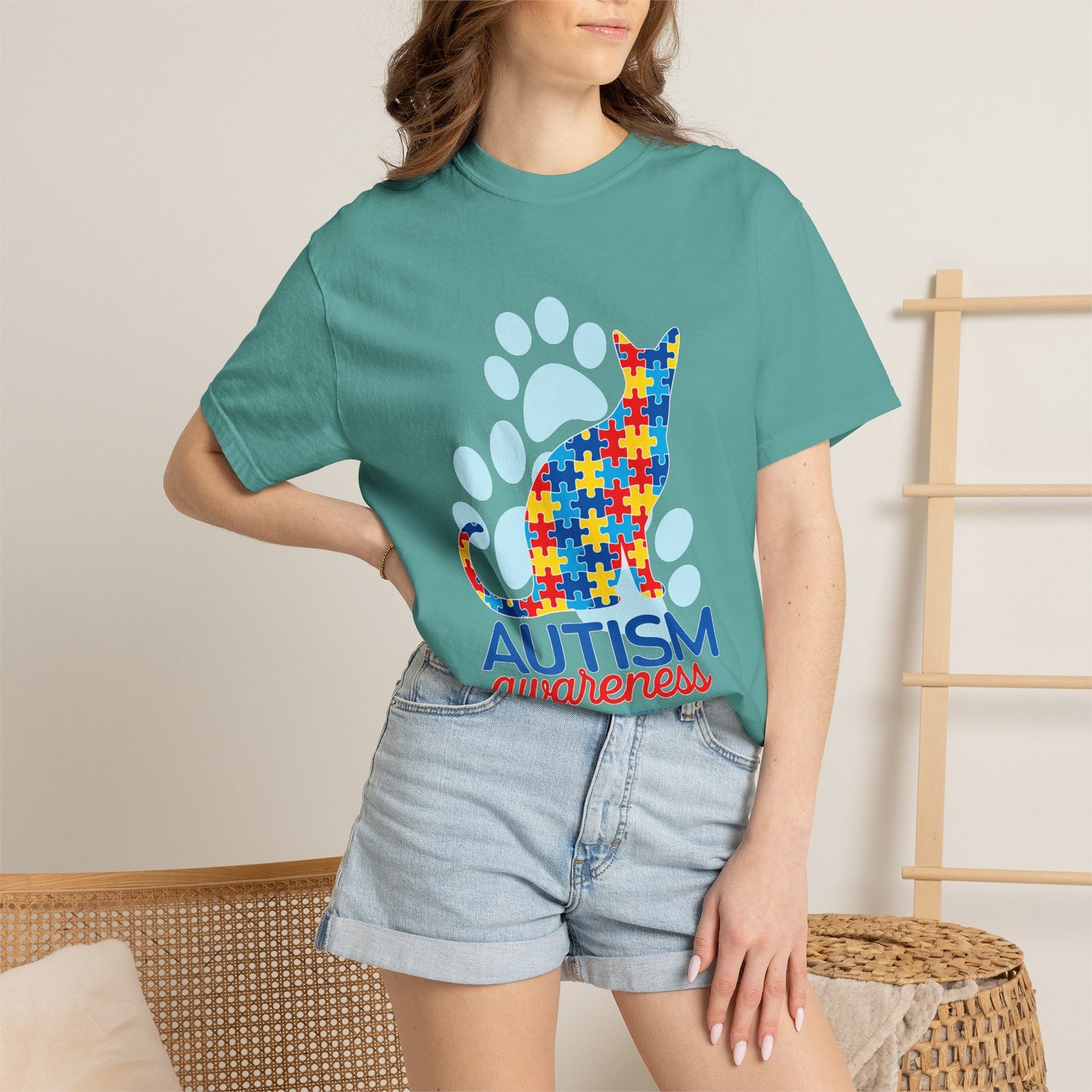 Autism Awareness Puzzle Cat T-shirt | Paw Print Autism Support Tee