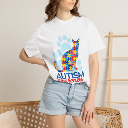Autism Awareness Puzzle Cat T-shirt | Paw Print Autism Support Tee