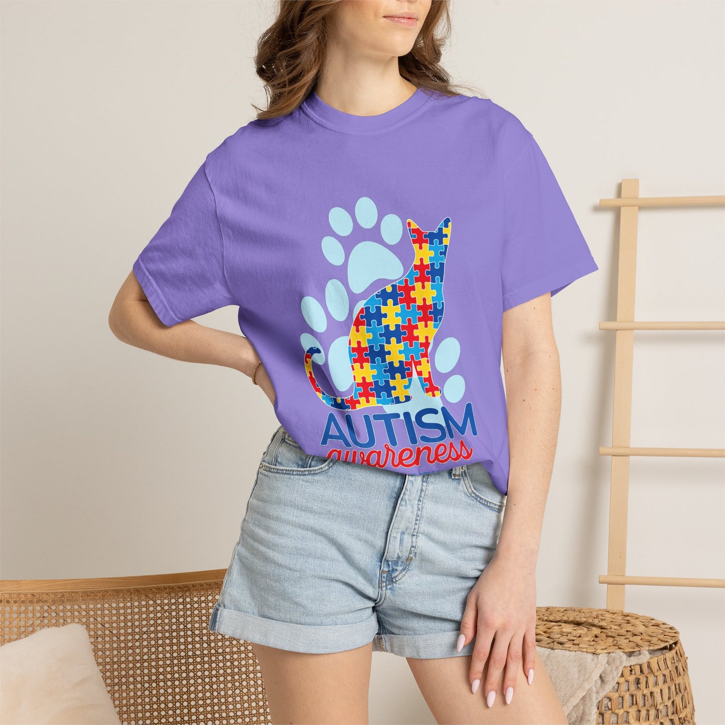 Autism Awareness Puzzle Cat T-shirt | Paw Print Autism Support Tee