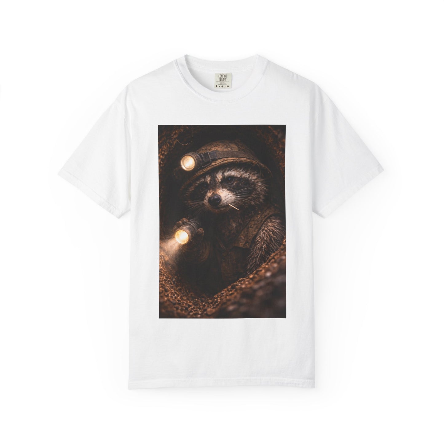 Tunnel Rat Raccoon with Headlamp T-Shirt | Forest Night Wildlife Illustration