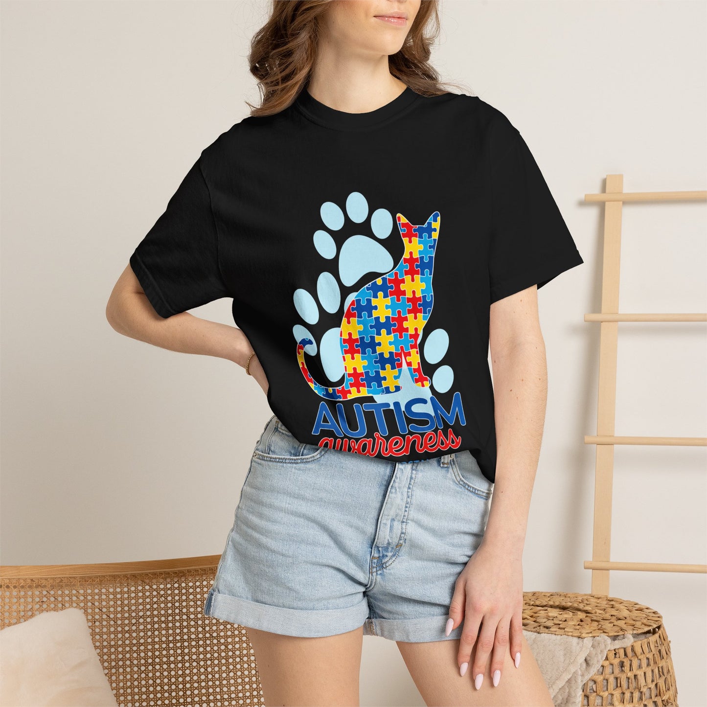 Autism Awareness Puzzle Cat T-shirt | Paw Print Autism Support Tee