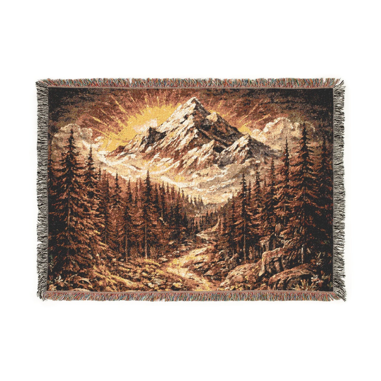 Pixelated Mountain Landscape Woven Blanket | Rustic Cabin Throw
