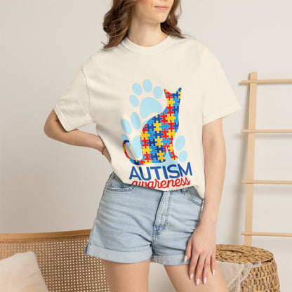 Autism Awareness Puzzle Cat T-shirt | Paw Print Autism Support Tee