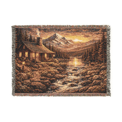 Copy of Copy of Pixelated Cabin And River Landscape Woven Blanket | Rustic Cabin Throw